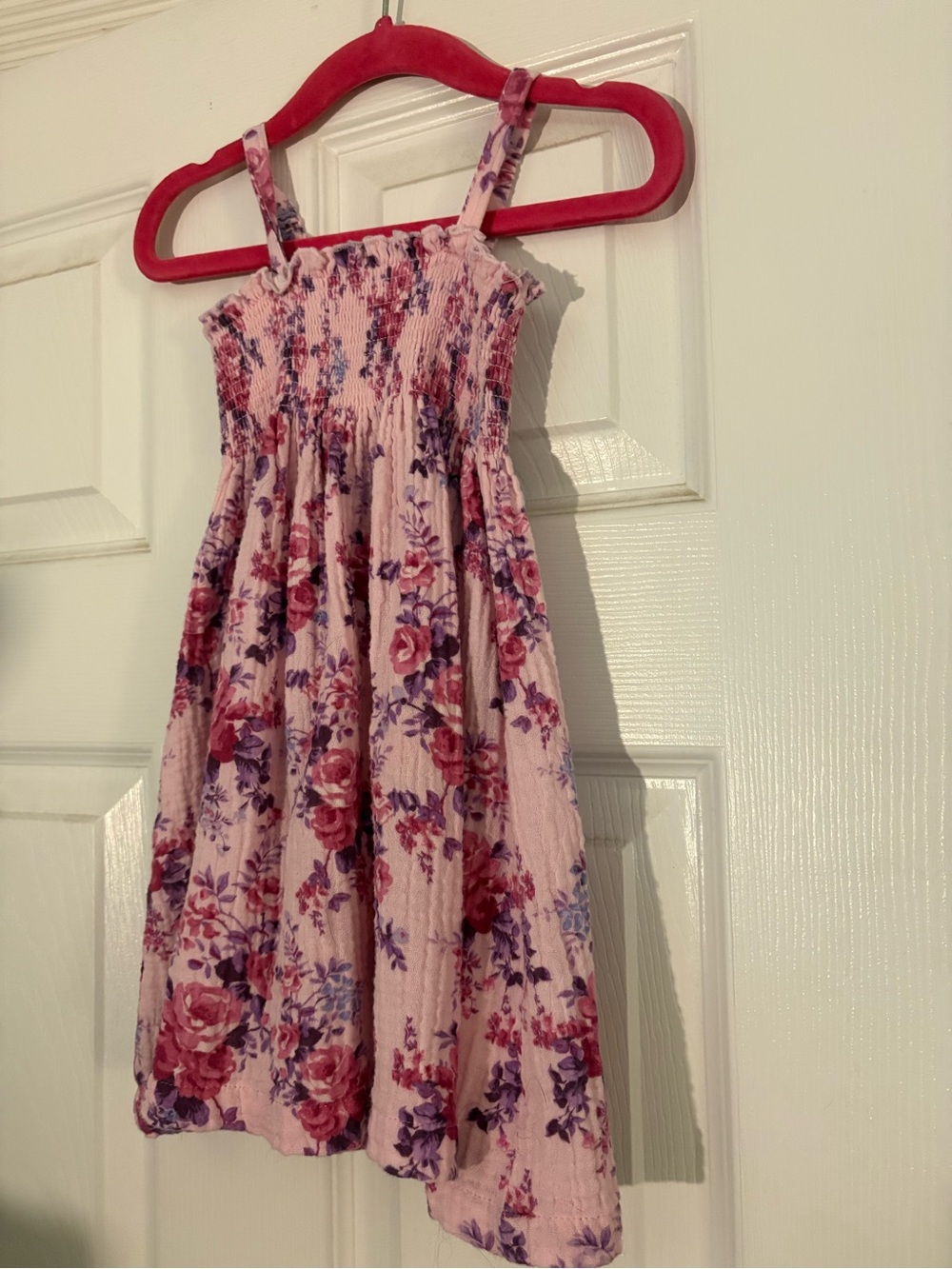 Girls Pink Floral Smocked Sundress with Adjustable Straps - Casual Wear